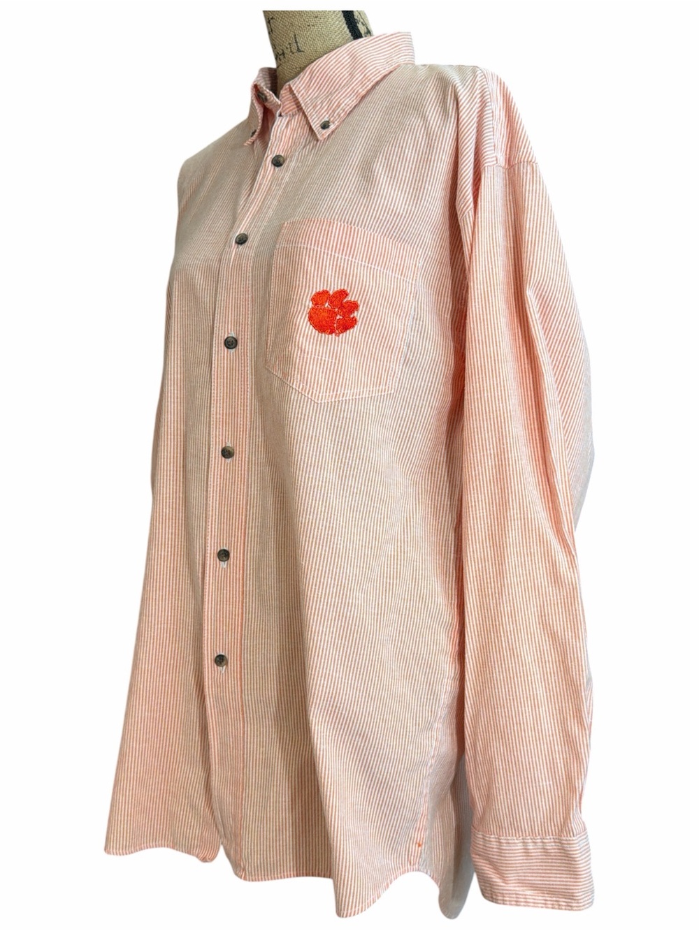 Clemson Tiger Men's Button-Up Striped Shirt - orange/White EC.  Size X-Large